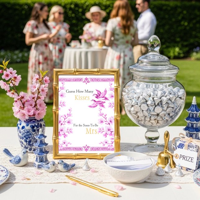 Invitation Panneau Rose Élégant Devinez Combien de Bisous (Pink Elegant Guess How Many Kisses sign)