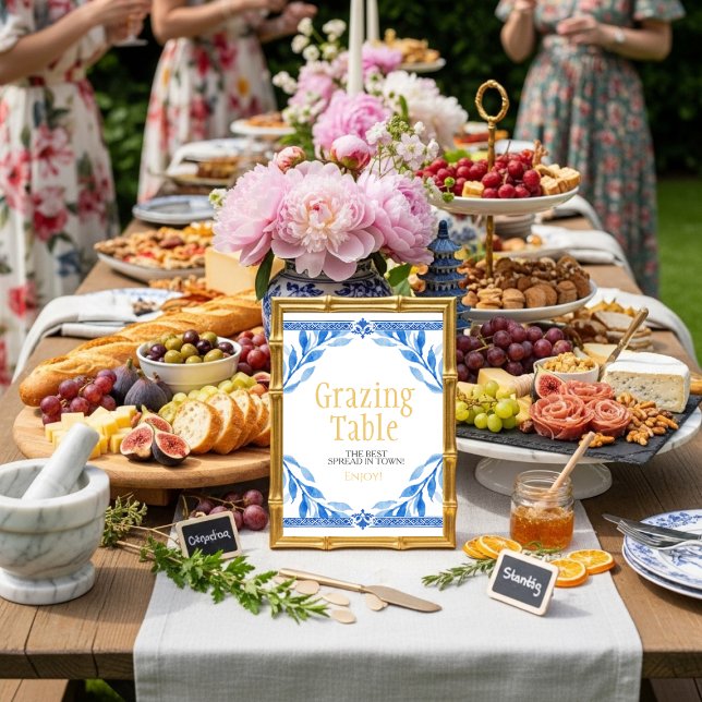 Invitation panneau "Table de Grazing" aux feuilles florales b (blue floral leaves "Grazing Table" Sign)