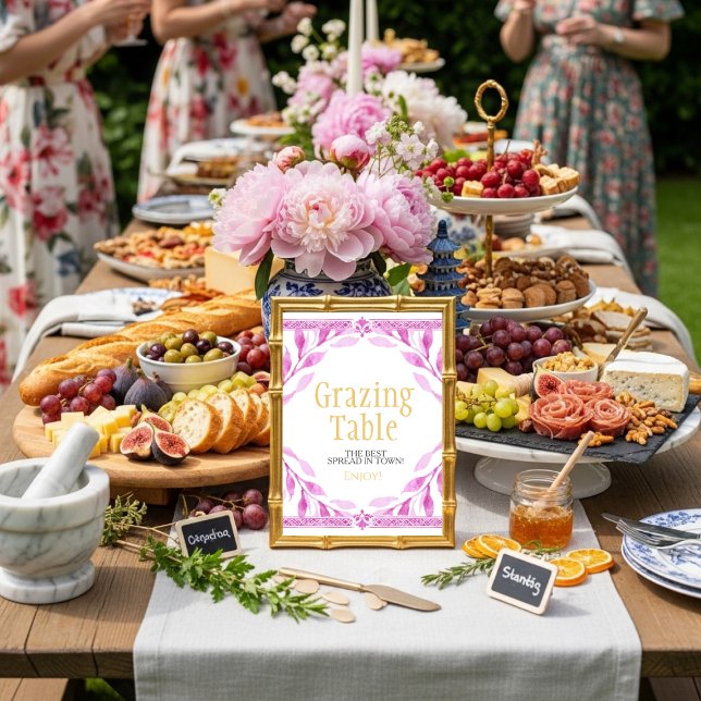 Invitation Panneau "Table de Grazing" aux feuilles florales r (Pink floral leaves "Grazing Table" Sign)