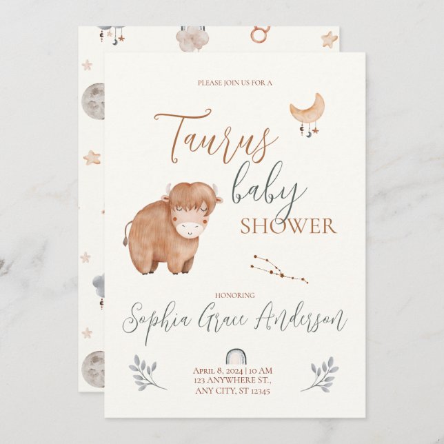 Invitation Panneau Taurus Zodiac baby shower (Devant / Derrière)