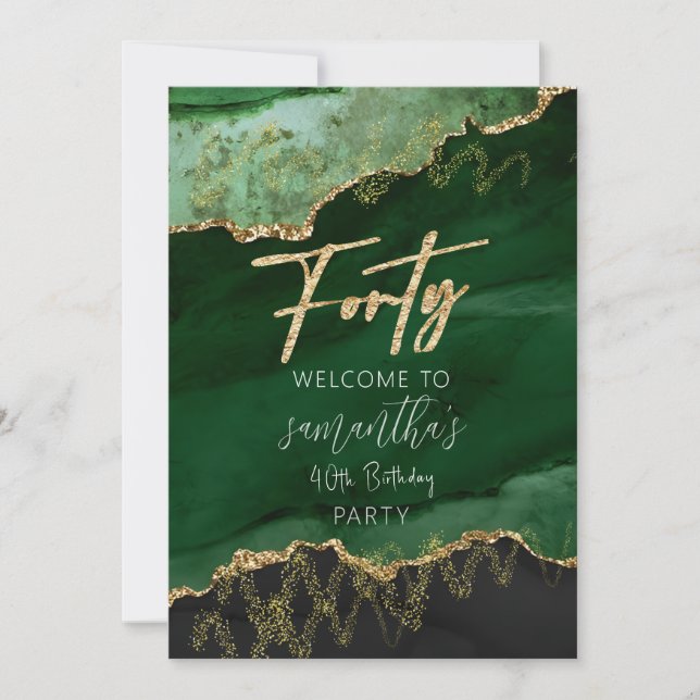 Invitation Panneau vert émeraude et or pour 40e anniversaire (Devant)