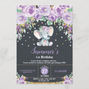 Invitation Panneaux d'éléphant floral pourpre 1er anniversair