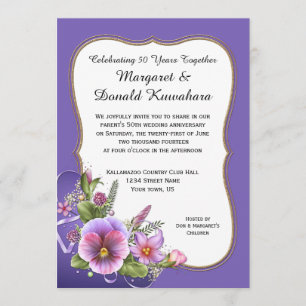Invitation Panneaux violets roses Cadre doré 50e anniversaire