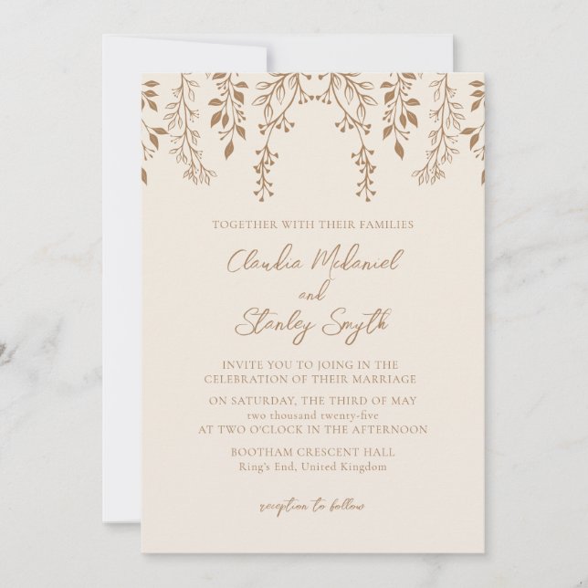 Invitation Pansement Floraux Feuillage Boho Beige Chaud (Devant)