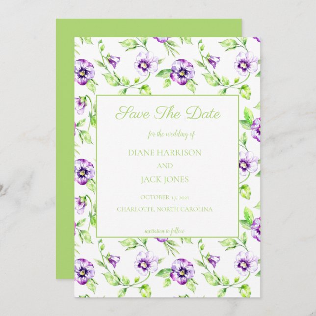 Invitation Panser aquarelle Enregistrer le Mariage date (Devant / Derrière)