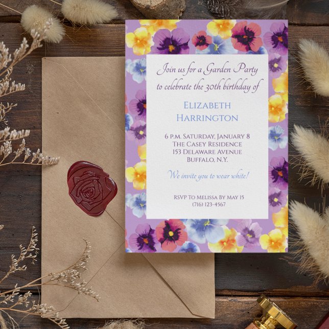 Invitation Pansies peintes à la main Fête Jardin Floral Anniv (With its purple background, this pansy wildflower invitation could be for a day or evening event!)