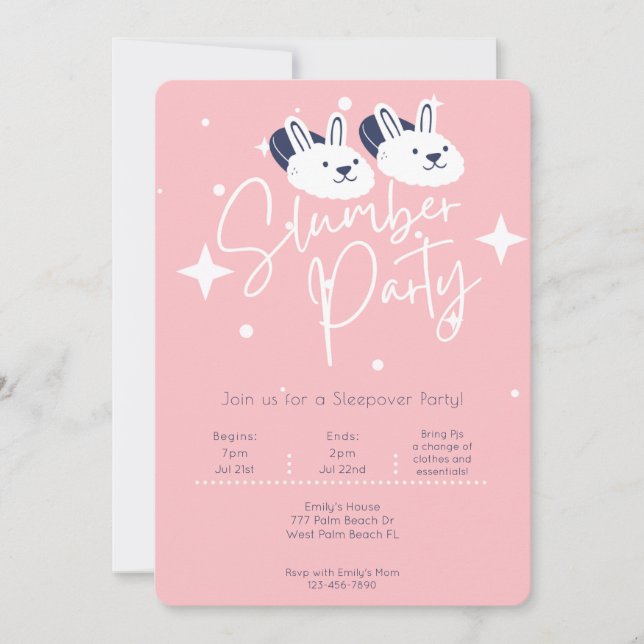 Invitation Pantoufles Lapin Moderne Rose Soirée Pyjama Nuit e (Devant)