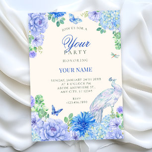 Invitation Paon à fleurs aquarelle bleue en fleurs