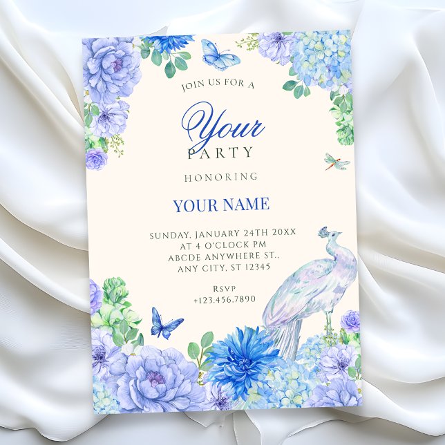 Invitation Paon à fleurs aquarelle bleue en fleurs  (Créateur téléchargé)