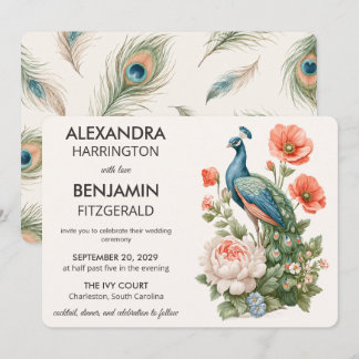 Invitation Paon botanique de mariage | Art floral vintage