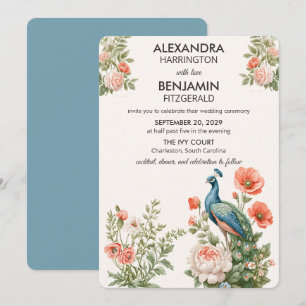 Invitation Paon Botanique de Mariage   Art Floral Vintage