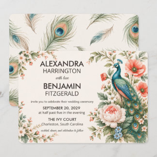 Invitation Paon botanique de mariage | Art floral vintage