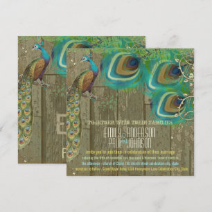 Invitation Paon Country Chic Vintage 3 plumes Bois Ancien