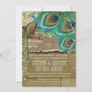 Invitation Paon de campagne délabré vintage 3 plumes vieux bo