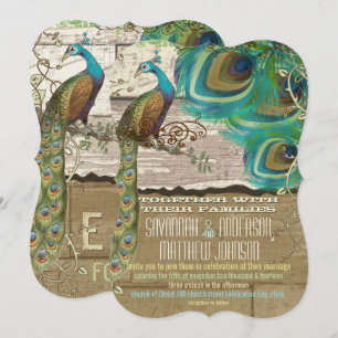 Invitation Paon de campagne délabré vintage 3 plumes vieux bo