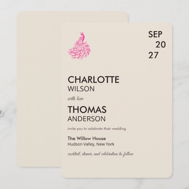 Invitation Paon de mariage botanique | Art de couture (Devant / Derrière)