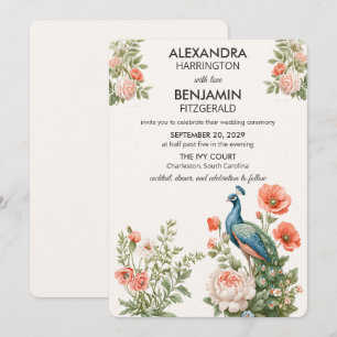 Invitation Paon de mariage botanique   Art floral vintage