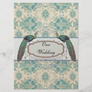 Invitation paon et crème élégante turquoise mariage damassé
