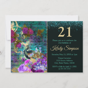 Invitation Paon et fleurs illustrés antiques pour anniversair