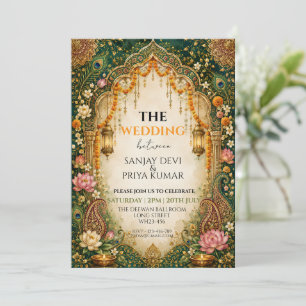 Invitation Paon indien Paisley Lotus Mandala Vert foncé