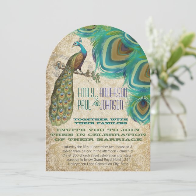 Invitation Paon Plumes Vintage avec Paon (Debout devant)