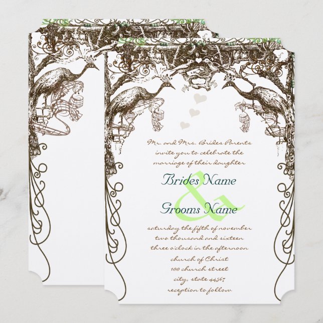 Invitation Paon rustique vintage oiseaux d'amour (Devant / Derrière)