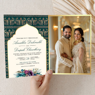Invitation Paon sarcelle ivoire motif floral mariage indien