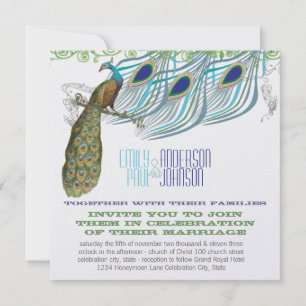 Invitation Paon Vintage 3 plumes avec Paon