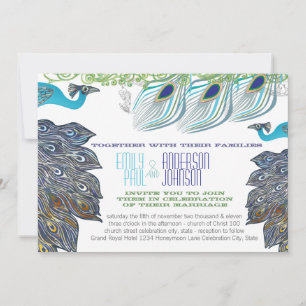 Invitation Paon Vintage 3 plumes avec Paon
