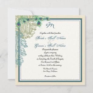 Invitation Paon vintage, gravure à l'eau-forte des plumes n -