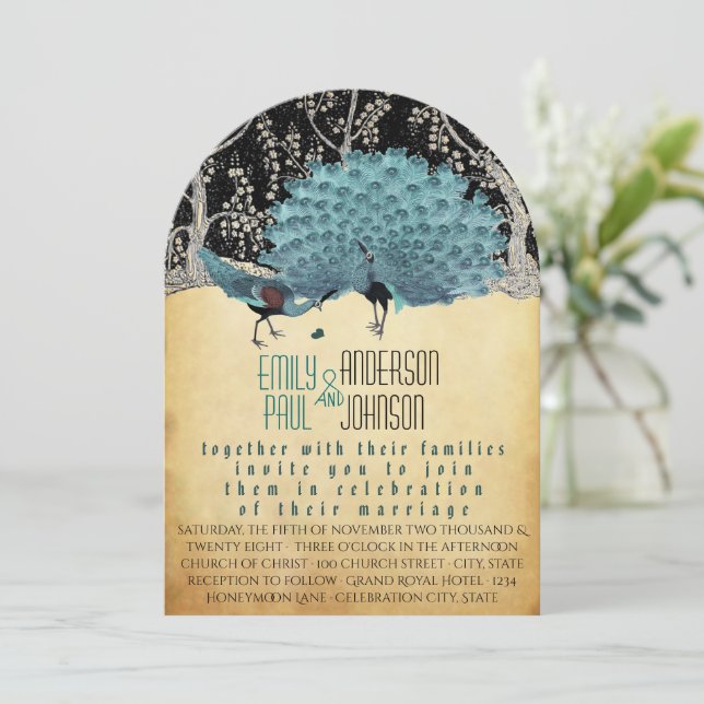 Invitation Paon Vintage Plumes avec Paons (Debout devant)