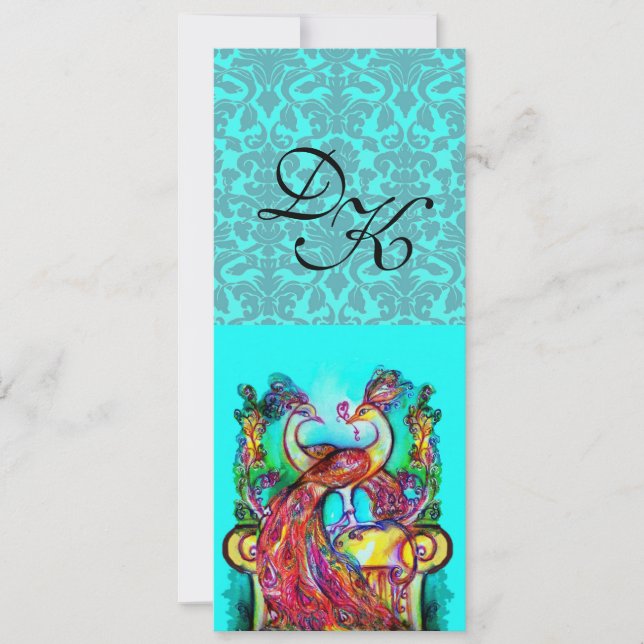 INVITATION PAONS AMOUREUX BLEU AQUA SARCELLE DAMAS MONOGRAMME (Devant)
