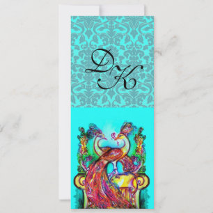 INVITATION PAONS AMOUREUX BLEU AQUA SARCELLE DAMAS MONOGRAMME