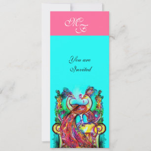 Invitation PAONS AMOUREUX  Monogramme rose sarcelle bleu vert