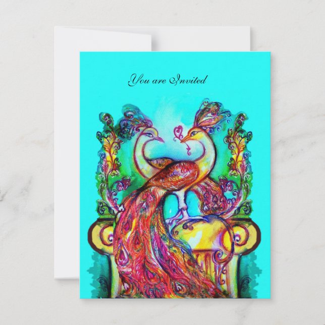 Invitation PAONS AMOUREUX rouge bleu turquoise vert (Devant)