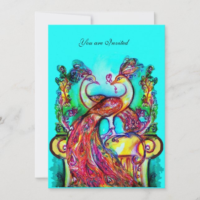 Invitation PAONS EN AMOUR Rouge Turquoise Vert Aqua Bleu Mari (Devant)