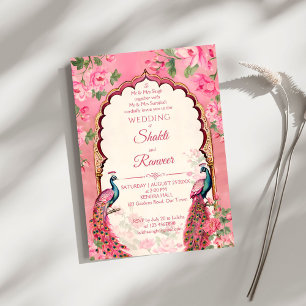 Invitation paons rose vintage mariage indien