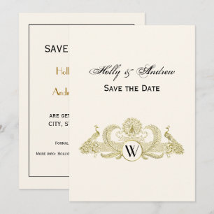 Invitation Paons Vintage Monogramme Ivoire BG Faux Or