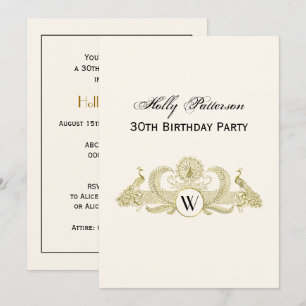 Invitation Paons vintage monogramme or faux ivoire BG