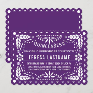 Invitation Pape blanc et violet picado Quinceañera