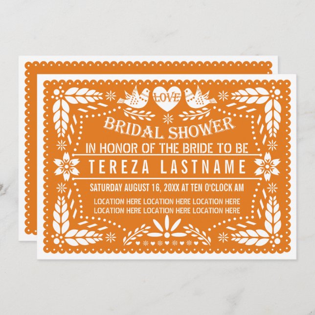 Invitation Pape orange picado oiseaux mariage douche nuptiale (Devant / Derrière)