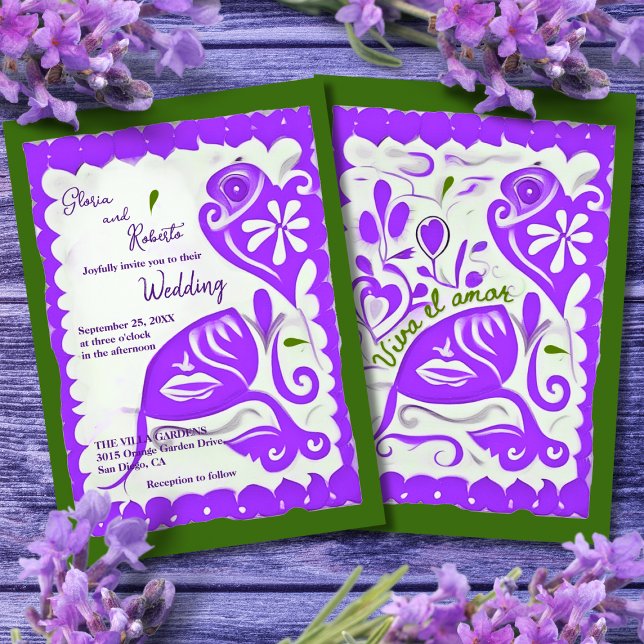 Invitation Papel de coeur floral violet Picado Mariage mexica (Créateur téléchargé)