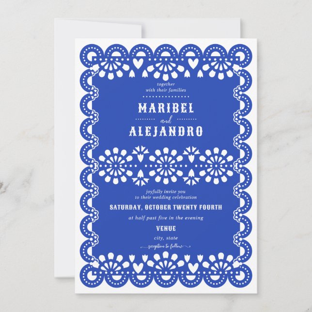 Invitation Papel mexicain Picado Floral Blue Mariage (Devant)