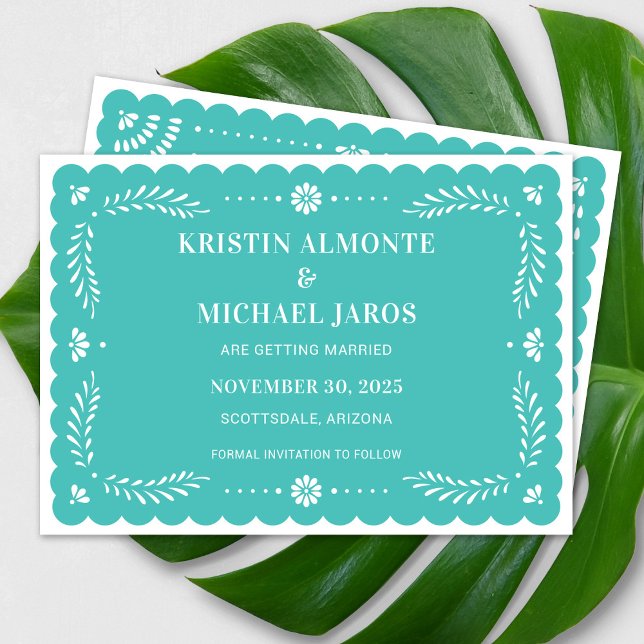 Invitation Papel moderne Picado Enregistrer la date (Modern Papel Picado Save The Date in Turquoise)