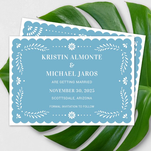 Invitation Papel moderne Picado Enregistrer la date (Modern Papel Picado Save The Date in Sky Blue)