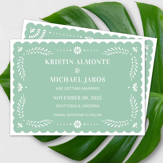 Invitation Papel moderne Picado Enregistrer la date (Modern Papel Picado Save The Date in Mint)