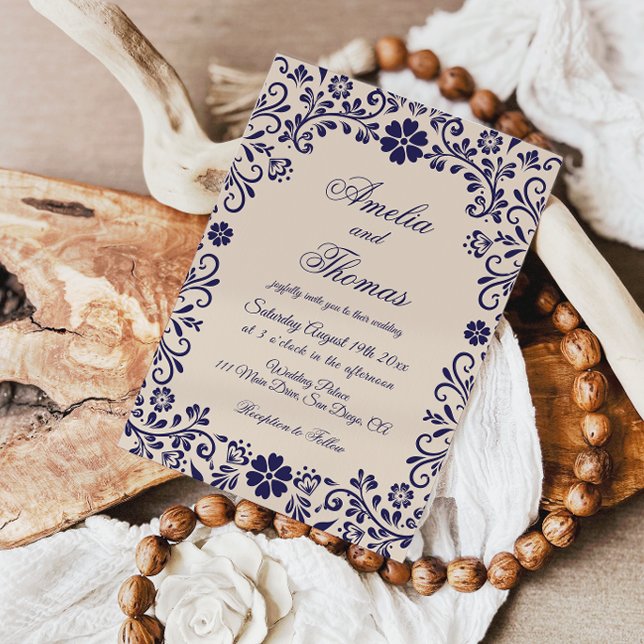 Invitation Papel Picado Beige Bleu Mariage Mexicain  (Créateur téléchargé)