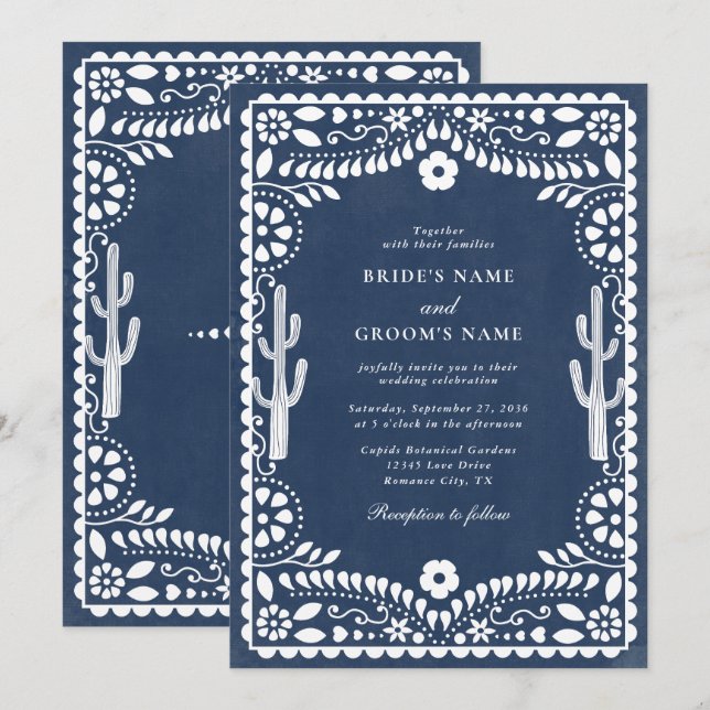 Invitation Papel Picado Boda Mexicain Mariage Rustique Bleu (Devant / Derrière)