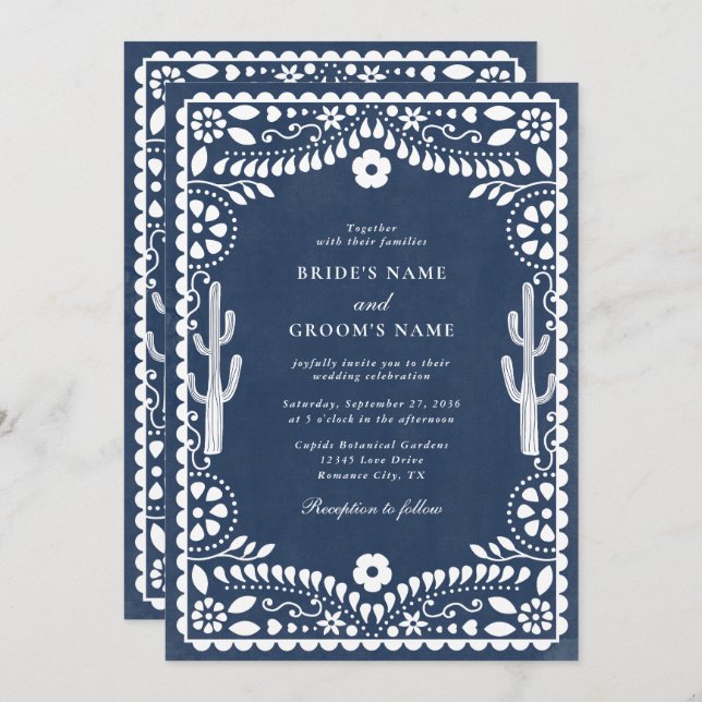 Invitation Papel Picado Boda Mexican Rustic Blue Wedding (Devant / Derrière)