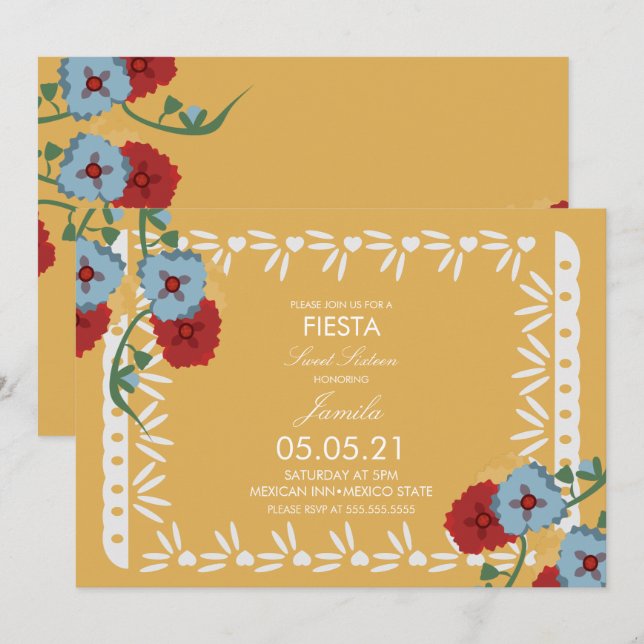 Invitation Papel Picado Botanical Fiesta Sweet 16 Mexicain (Devant / Derrière)